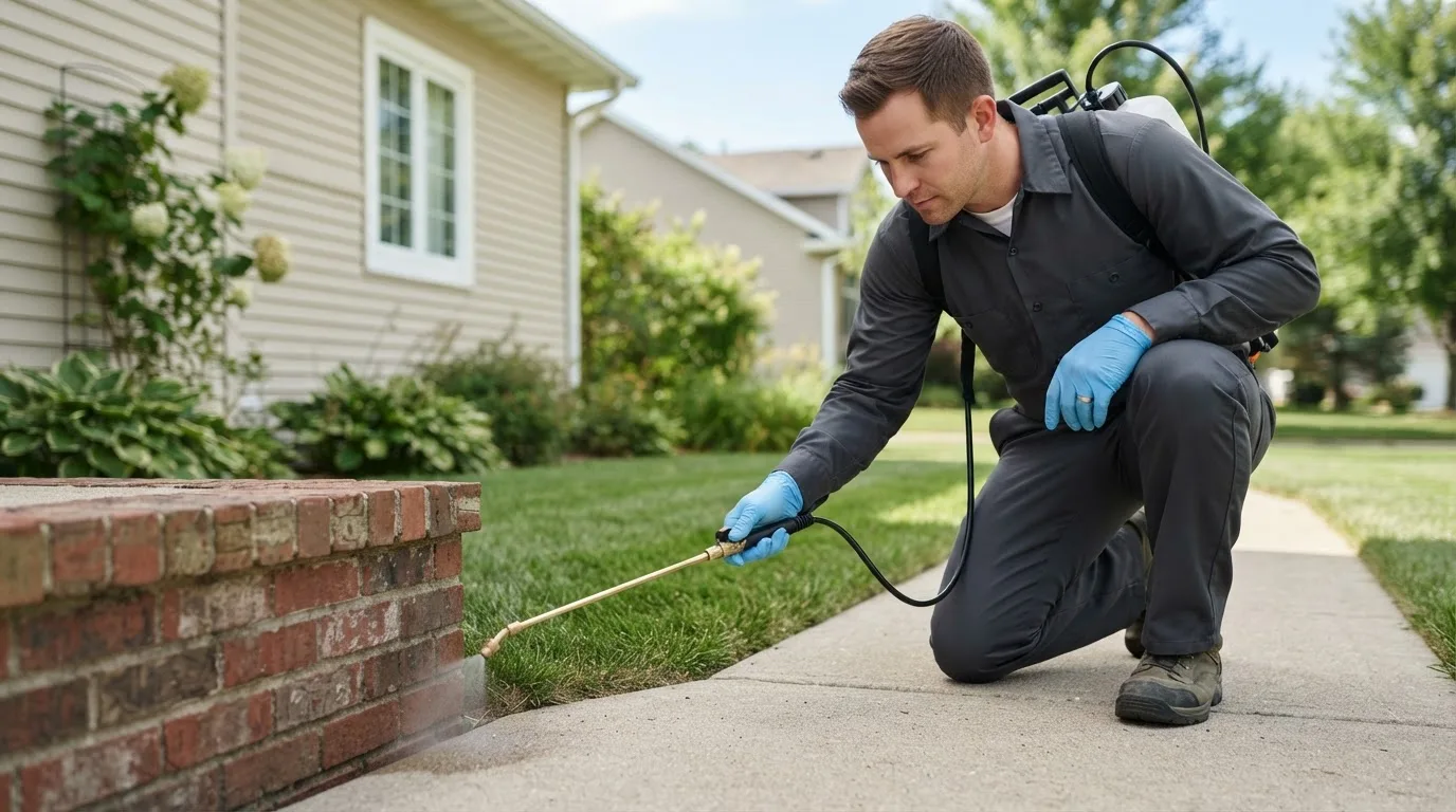 Pest control technician treating a home near Holmesville, OH