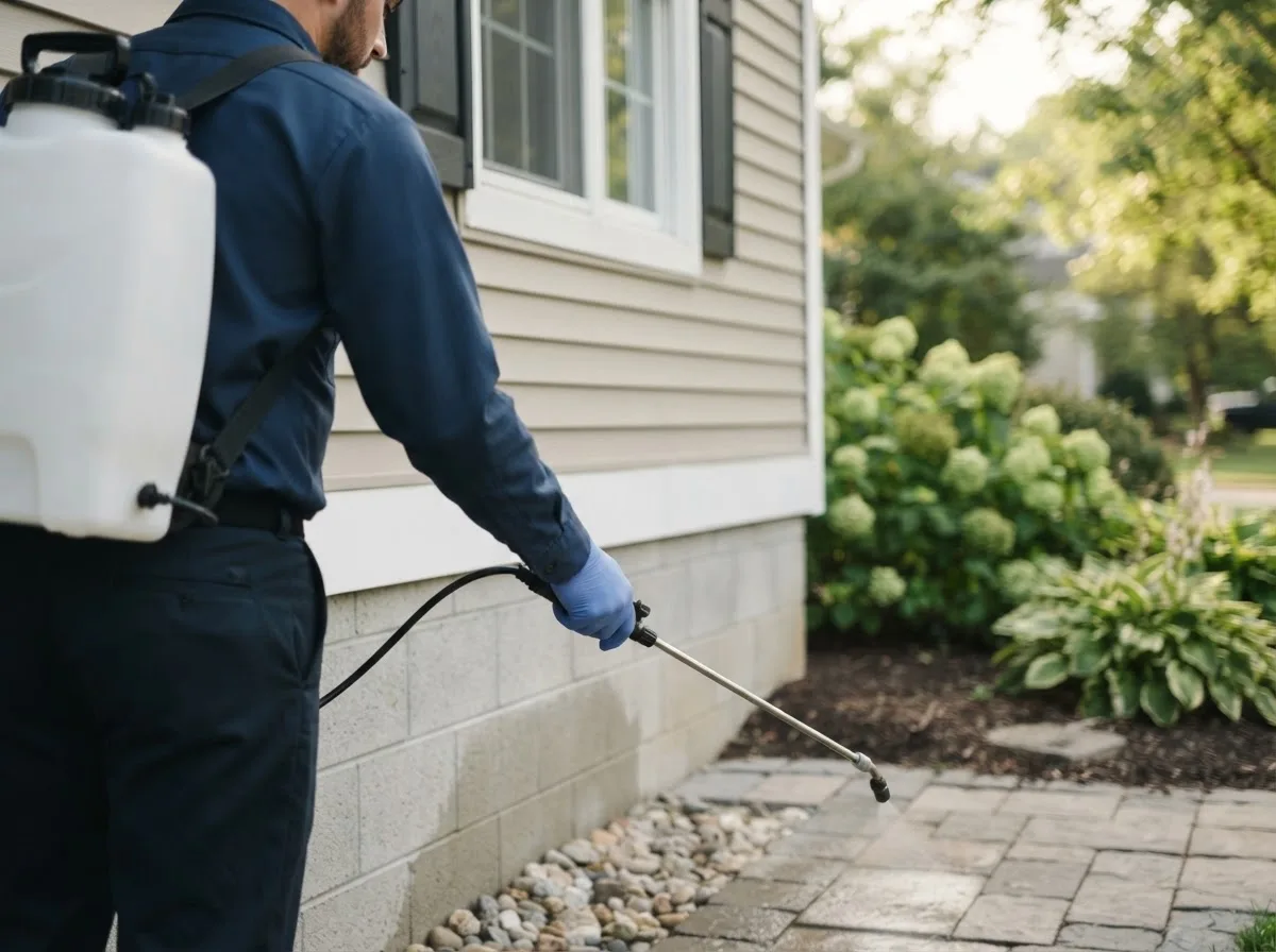Pest control technician inspecting a home in Holmesville, OH